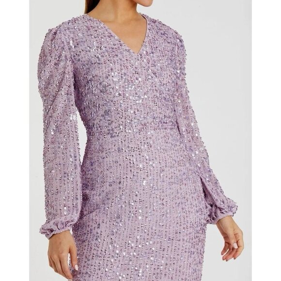 Mac Duggal Size 8 Purple 107641 Sequined Puff Sleeve V Neck Midi Cocktail Dress - Picture 5 of 12